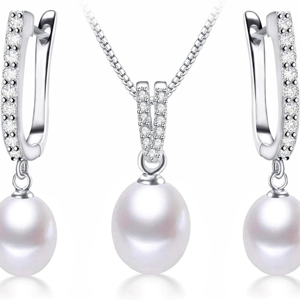 Pearl Jewelry Set Freshwater Pearl Necklace Earrings Sterling Silver Elegant Gif